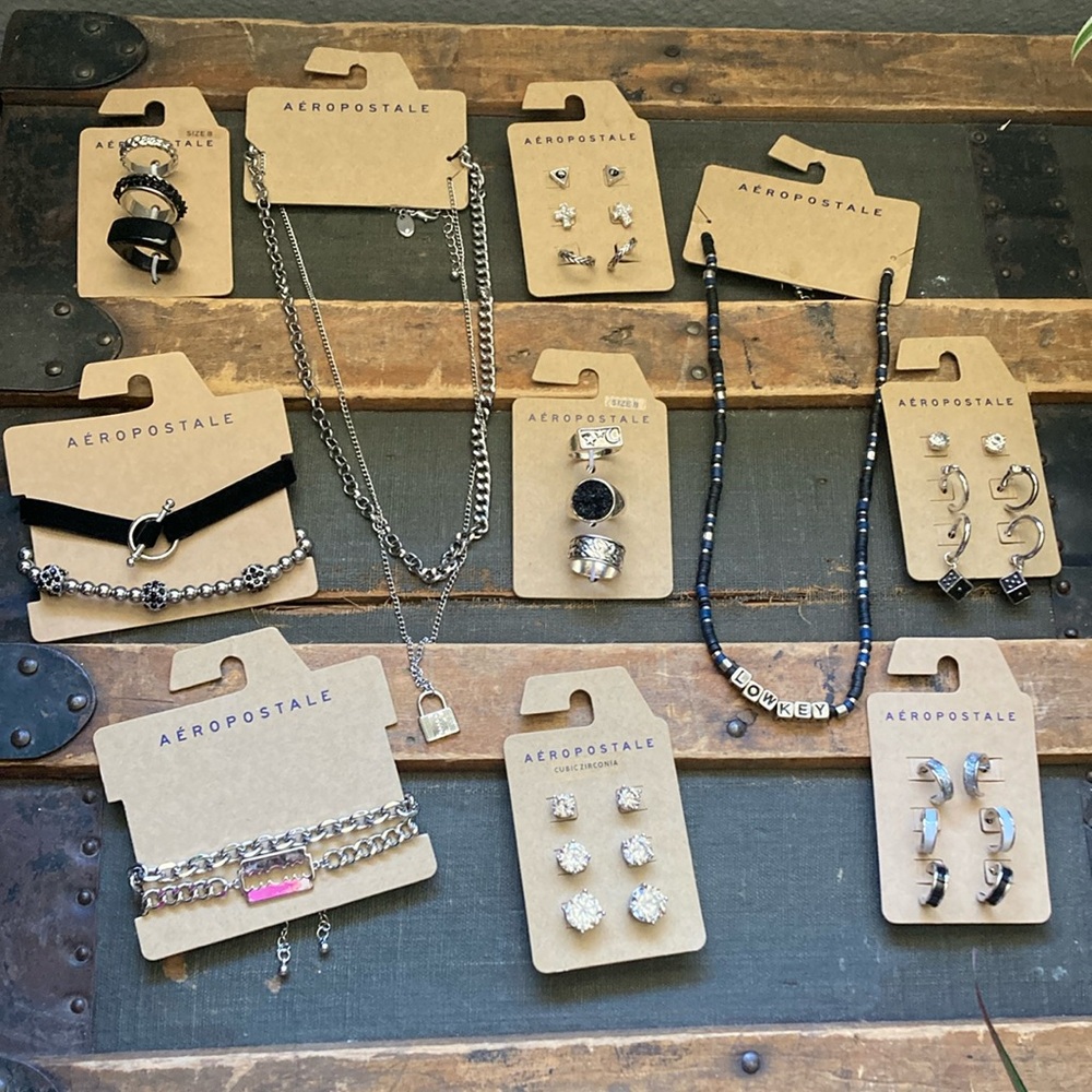 Aeropostale 10 Piece Jewelry Bundle #2 Goth Punk Silver & Black NWT 🐦‍⬛‎
